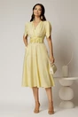 Rochie midi galbena de ocazie cu pliuri pe bust si cordon detasabi cu flori, 3, dyfashion.ro