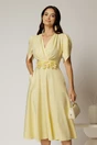 Rochie midi galbena de ocazie cu pliuri pe bust si cordon detasabi cu flori, 1, dyfashion.ro