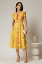 Rochie midi galbena de zi cu imprimeuri forale si volanase la maneci, 3, dyfashion.ro