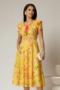 Rochie midi galbena de zi cu imprimeuri forale si volanase la maneci, 1, dyfashion.ro