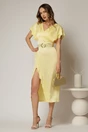 Rochie midi galbena din satin cu insertii de dantela, 3, dyfashion.ro