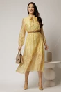 Rochie midi galbena din tencel cu buline si funda la decolteu, 3, dyfashion.ro
