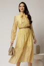 Rochie midi galbena din tencel cu buline si funda la decolteu, 1, dyfashion.ro