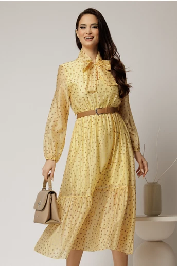 Rochie midi galbena din tencel cu buline si funda la decolteu