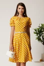 Rochie midi galbena din viscoza in clos cu buline si curea in talie, 1, dyfashion.ro