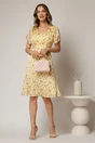 Rochie midi galbena din voal cu imprimeu floral si maneci scurte petrecute, 3, dyfashion.ro