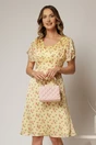 Rochie midi galbena din voal cu imprimeu floral si maneci scurte petrecute, 1, dyfashion.ro