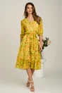 Rochie midi galbena din voal in clos cu imprimeu si cordon in talie, 4, dyfashion.ro