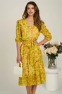 Rochie midi galbena din voal in clos cu imprimeu si cordon in talie, 1, dyfashion.ro