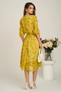 Rochie midi galbena din voal in clos cu imprimeu si cordon in talie, 2, dyfashion.ro