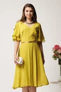 Rochie midi galbena din voal in clos cu volane la maneci si curea in talie, 1, dyfashion.ro