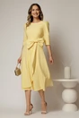 Rochie midi galbena funda ampla pe talie decolteu rotund maneci trei sferturi, 3, dyfashion.ro