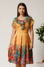 Rochie midi galbena si turcoaz in degradee din voal in clos cu imprimeu floral roz, 1, dyfashion.ro