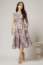 Rochie midi gri cu flori bej in clos cu buzunare si curea in talie, 3, dyfashion.ro