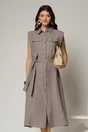Rochie midi gri din bumbac fara maneci cu cordon in talie, 1, dyfashion.ro
