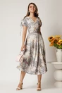 Rochie midi gri din viscoza cu flori albe in clos cu maneci scurte, 3, dyfashion.ro