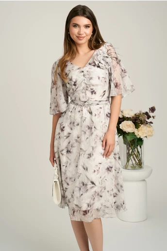 Rochie midi gri din voal cu imprimeuri si floare maxi pe bust- Viada