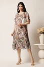 Rochie midi gri din voal in clin cu imprimeu floral roz si volane la baza, 3, dyfashion.ro
