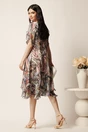Rochie midi gri din voal in clin cu imprimeu floral roz si volane la baza, 2, dyfashion.ro