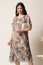 Rochie midi gri din voal in clin cu imprimeu floral roz si volane la baza, 1, dyfashion.ro