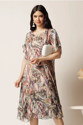 Rochie midi gri din voal in clin cu imprimeu floral roz si volane la baza