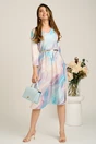 Rochie midi gri in clos din stofa cu imprimeu turcoaz si curea in talie, 4, dyfashion.ro