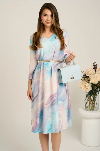 Rochie midi gri in clos din stofa cu imprimeu turcoaz si curea in talie