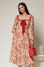 Rochie midi imprimeu floral bordo cu guler evidentiat cu volanas, 1, dyfashion.ro