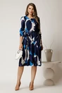 Rochie midi in clos din triplu voal cu imprimeuri albastre si cordon in talie, 3, dyfashion.ro