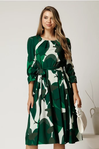 Rochie midi in clos din triplu voal cu imprimeuri verzi si cordon in talie