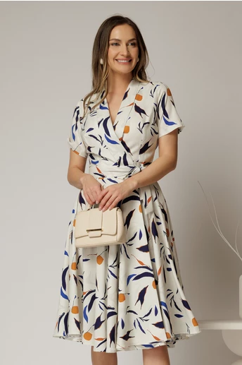 Rochie midi ivoar cu imprimeu cu aspect petrecut si cordon in talie