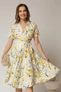 Rochie midi ivoar cu imprimeu galben cu aspect petrecut si cordon in talie, 1, dyfashion.ro