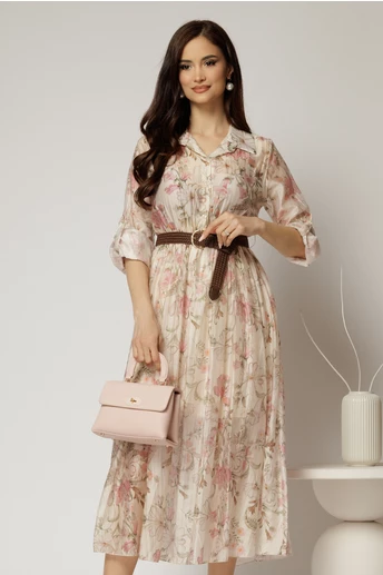 Rochie midi ivoar cu imprimeuri din tencel