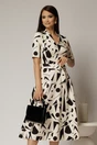 Rochie midi ivoar cu imprimeuri negre cu decolteu in V si cordon cu catarama in talie, 1, dyfashion.ro