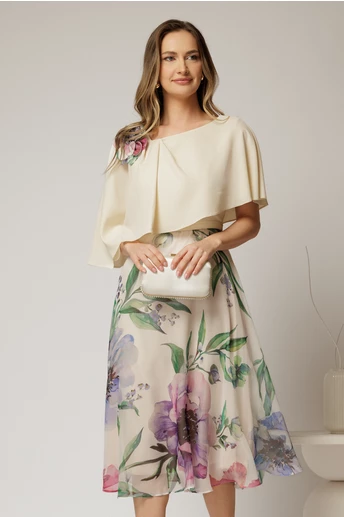 Rochie midi ivoar de ocazie cu imprimeuri florale pe fusta
