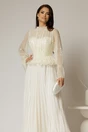 Rochie midi ivoar de seara din voal plisat cu perle si paiete, 3, dyfashion.ro