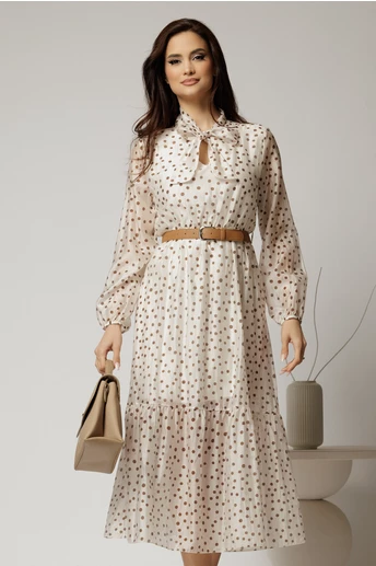 Rochie midi ivoar din tencel cu buline si funda la decolteu
