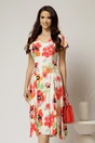 Rochie midi ivoar in clini cu imprimeuri florale rosii din viscoza, 1, dyfashion.ro