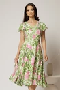 Rochie midi ivoar in clini cu imprimeuri florale verzi si roz din viscoza, 1, dyfashion.ro