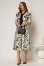 Rochie midi ivoire cu imprimeuri bej negru si guler tip esarfa, 3, dyfashion.ro