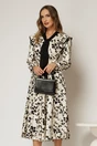 Rochie midi ivoire cu imprimeuri bej negru si guler tip esarfa, 1, dyfashion.ro