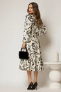 Rochie midi ivoire cu imprimeuri bej negru si guler tip esarfa, 2, dyfashion.ro