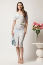 Rochie midi ivory conica cu imprimeu bleu si curea in talie, 3, dyfashion.ro