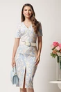 Rochie midi ivory conica cu imprimeu bleu si curea in talie, 1, dyfashion.ro
