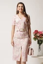 Rochie midi ivory conica cu imprimeu roz si curea in talie, 1, dyfashion.ro