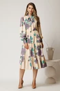 Rochie midi ivory cu imprimeu mov din voal satinat in clos, 3, dyfashion.ro