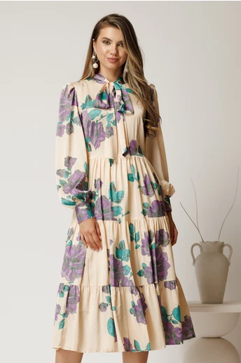 Rochie midi ivory cu imprimeu mov din voal satinat in clos
