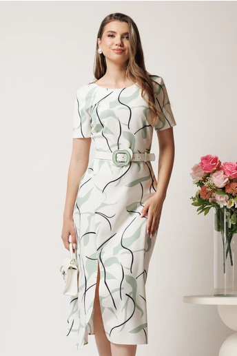 Rochie midi ivory cu imprimeu verde mint si curea detasabila in talie