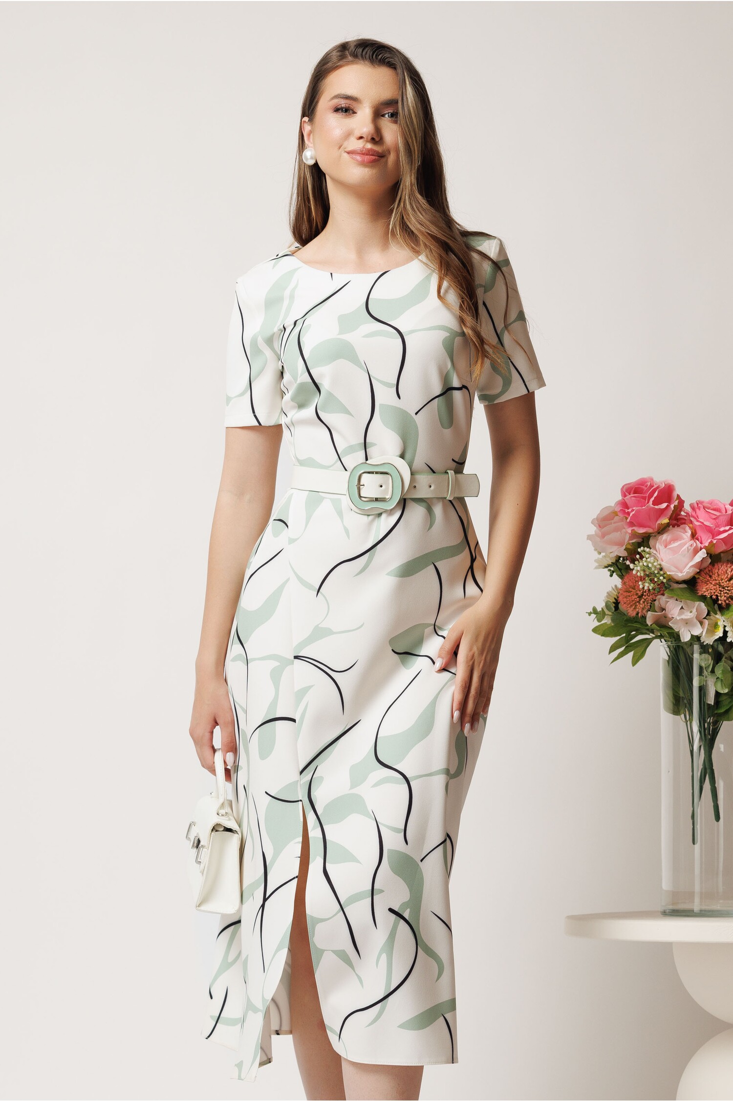 Rochie midi ivory cu imprimeu verde mint si curea detasabila in talie