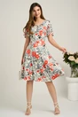Rochie midi ivory din viscoza in clin cu imprimeu gri-corai si decupaje la decolteu, 4, dyfashion.ro